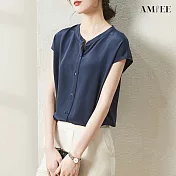 【AMIEE】時尚模擬絲氣質上衣(KDT-5163) XL 藏青色