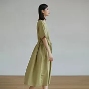 旅途原品 繫帶收腰褶皺連衣裙 M/L-XL M 黃綠色