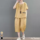 【ACheter】 茶香花麻休閒寬鬆大碼2件式套裝# 112912 M 黃色