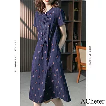 【ACheter】 日系海風棉麻碎花寬鬆洋裝# 112935 M 藍色