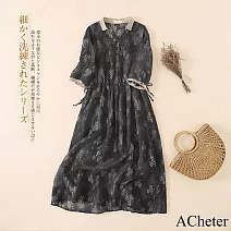 【ACheter】 舒麻輕薄印花V領飄逸棉洋裝# 112936 M 灰色