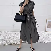 【MsMore】 韓式設計感氣質襯衫絲質洋裝# 112939 FREE 黑色