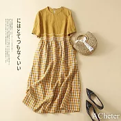 【ACheter】 渡假高腰顯瘦細格拼接棉麻洋裝# 112970 M 黃色