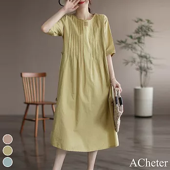 【ACheter】 韓版棉麻寬鬆氣質別致收腰洋裝# 112999 M 黃色