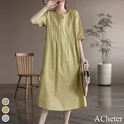【ACheter】 韓版棉麻寬鬆氣質別致收腰洋裝# 112999 XL 黃色