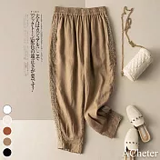 【ACheter】 垂感棉麻布蕾絲拼接小腳哈倫褲# 113001 XL 卡其色