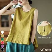 【ACheter】 氣質涼爽後背扣設計棉麻背心上衣# 113007 M 黃色