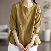 【ACheter】 日系公主拼接蕾絲邊棉麻七分袖上衣# 113008 XL 黃色
