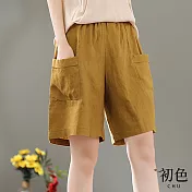 【初色】復古棉麻風純色輕薄大口袋短型寬褲-共4色-62234(M-2XL可選) M 卡其色