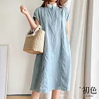 【初色】日系娃娃領棉麻風連身洋裝-共4色-62224(M-2XL可選) M 淺藍