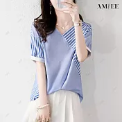 【AMIEE】復古氣質設計感上衣(KDT-3735) M 藍色