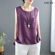 【AMIEE】清涼舒適棉麻無袖背心(KDT-6905) L 紫色