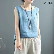 【AMIEE】清涼舒適棉麻無袖背心(KDT-6905) L 藍色