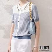 【Jilli~ko】夏季新款冰絲時尚洋氣顯瘦拼色針織衫 E0003  FREE 淺藍色
