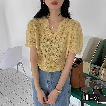 【Jilli~ko】法式復古馬海毛氣質鏤空薄款針織衫 J9089  FREE 黃色