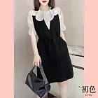 【初色】兩件式洋裝套裝法式蕾絲領上衣+V領背心裙-黑色-62410(M-2XL可選) M 黑色
