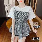 【Jilli~ko】夏季新款假兩件格子收腰拼接寬鬆上衣 J8923  FREE 白色