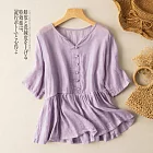 【慢。生活】夏季文藝復古寬鬆棉麻短袖娃娃衫上衣 J9166  FREE 紫色