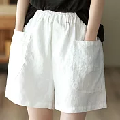 【ACheter】 稻香鬆緊腰闊腿棉麻短褲# 113127 XL 白色