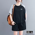 【Jilli~ko】兩件套休閒寬鬆大碼撞色短袖短褲運動套裝 J9152  FREE 黑色