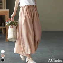 【ACheter】 系帶鬆緊腰飄逸雙層絲麻寬鬆裙褲# 113154 FREE 粉紅色