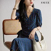 【AMIEE】時尚焦點波點設計連身洋裝(KDD-1743) S 藍底黃波點