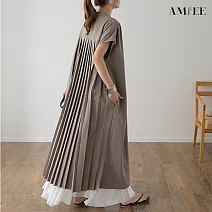 【AMIEE】日系百褶設計連身洋裝(KDD-1229B) F 咖啡