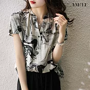 【AMIEE】時尚印花氣質雪紡衫(KDT-0266) XL 花色