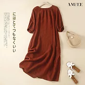 【AMIEE】日系寬鬆大碼氣質連身洋裝(KDD-4297) M 磚紅色