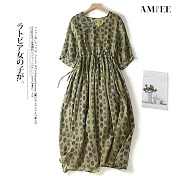 【AMIEE】日系舒適氣質印花連身洋裝(KDD-8259) XL 綠色