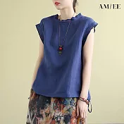 【AMIEE】復古寬鬆顯瘦棉麻上衣(KDT-8219) XL 藏青色