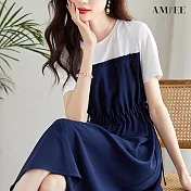 【AMIEE】女神學院風假兩件連身洋裝(KDD-2089) S 寶藍色