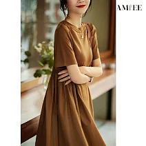 【AMIEE】舒適顯瘦休閒連身洋裝(KDD-4830) M 焦糖色