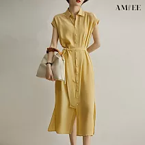 【AMIEE】氣質顯瘦紡蠶絲連身洋裝(KDD-3148) M 淺黃色
