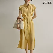【AMIEE】氣質顯瘦紡蠶絲連身洋裝(KDD-3148) XL 淺黃色