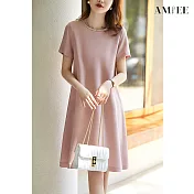 【AMIEE】法式氣質顯瘦連身洋裝(KDD-1415) M 粉紅色