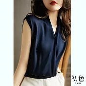 【初色】清涼簡約V領寬鬆無袖上衣-共2色-62399(M-2XL可選) M 藏藍色