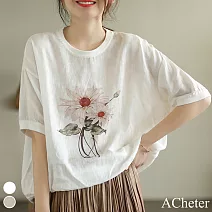 【ACheter】 畫家印花寬鬆薄款棉T上衣# 113192 M 白色