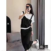 【Jilli~ko】夏季新款假兩件撞色圓領寬鬆短袖針織衫 J9157  FREE 黑色