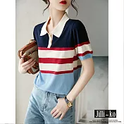 【Jilli~ko】夏季新款氣質清爽撞色條紋POLO領短袖針織衫 J9182  FREE 藍色