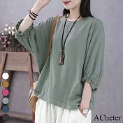 【ACheter】 涼爽百搭寬鬆顯瘦5分袖上衣# 113233 XL 綠色