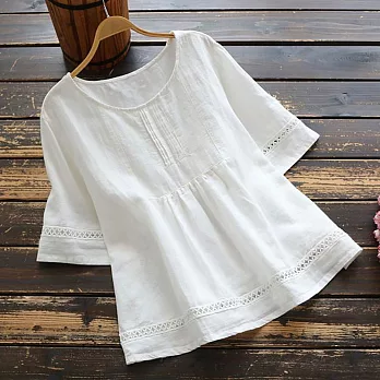 【慢。生活】夏季復古休閒純色棉麻鏤空拼接上衣 6004  FREE 白色