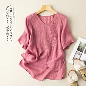 【慢。生活】夏季新款刺繡寬鬆V領薄款棉質短袖上衣 9199  FREE 桃紅色