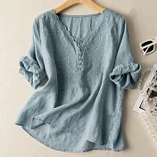 【ACheter】 細麻原色刺繡棉麻上衣# 113204 XL 藍色