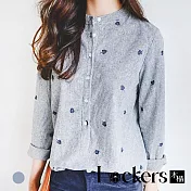 【Lockers 木櫃】夏季刺繡條紋立領襯衫 L111072501 XL 藍色XL