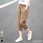 【ACheter】 顯瘦棉麻寬鬆薄款七分褲# 113309 XL 卡其色