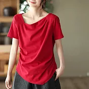 【ACheter】 時尚壓褶顯瘦短袖寬鬆棉上衣# 113392 L 紅色