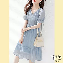 【初色】蕾絲花邊V領收腰連身短袖洋裝-藍色-62522(M-2XL可選) M 藍色