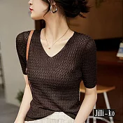 【Jilli~ko】夏季新款微鏤空冰絲氣質V領針織衫 J9216  FREE 咖啡色