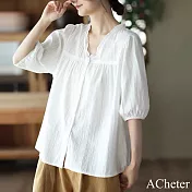 【ACheter】 花邊V領寬鬆清涼棉麻五分袖襯衫上衣# 113393 M 白色